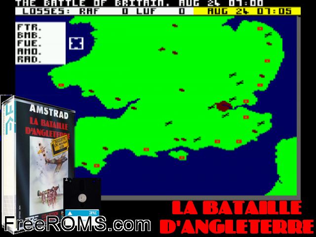 La Bataille D'Angleterre (F) (1985) Amstrad CPC game showing 3D box cover and gameplay screenshot