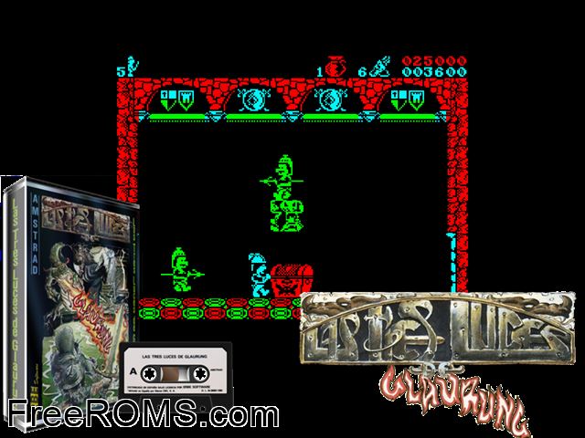 Las 3 Luces De Glaurung (S) (1986) Amstrad CPC game showing 3D box cover and gameplay screenshot