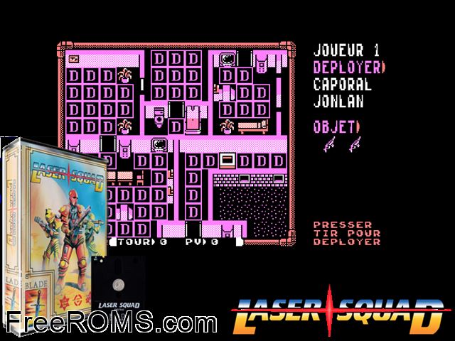 Lasersquad (UK,F) (1989) Amstrad CPC game showing 3D box cover and gameplay screenshot
