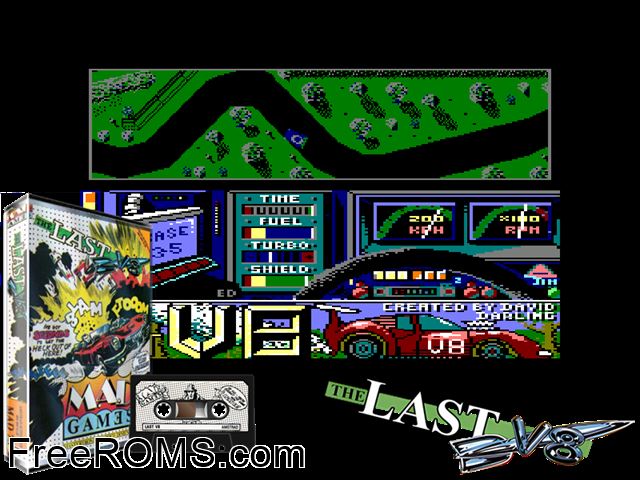 Last V8, The (UK) (1986) Amstrad CPC game showing 3D box cover and gameplay screenshot