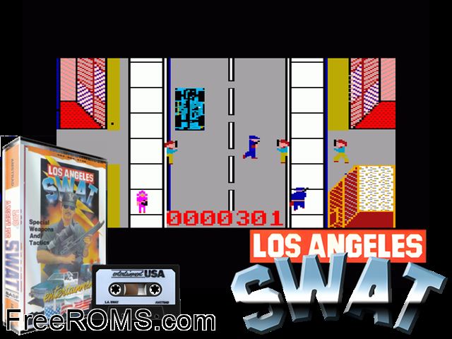LA SWAT (UK) (1987) Amstrad CPC game showing 3D box cover and gameplay screenshot
