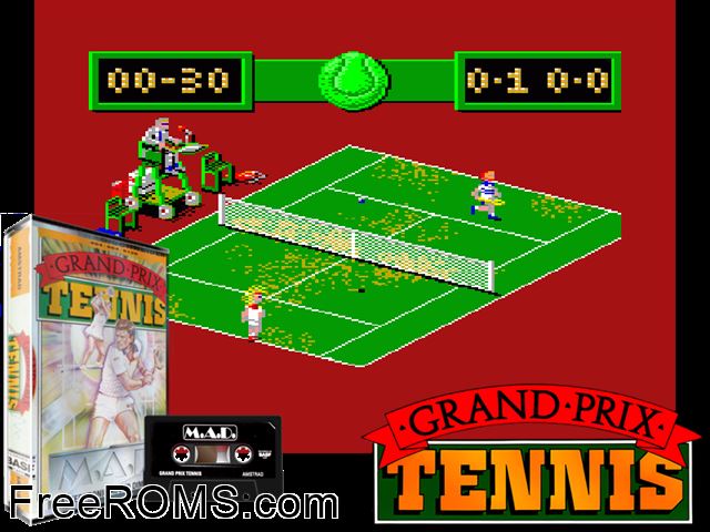 Lawn Tennis (UK) (1987) Amstrad CPC game showing 3D box cover and gameplay screenshot