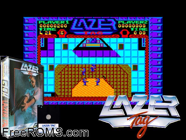 Lazertag (UK) (1987) Amstrad CPC game showing 3D box cover and gameplay screenshot