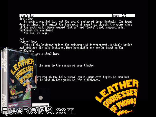 Leather Goddesses of Phobos (UK) (1986) Amstrad CPC game showing 3D box cover and gameplay screenshot