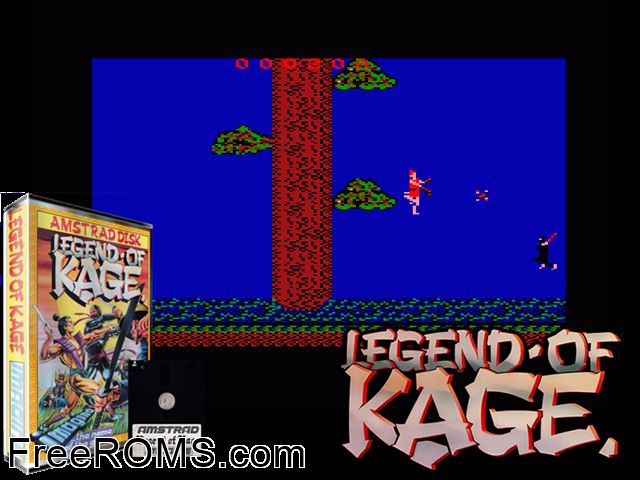 Legend of Kage (UK) (1987) Amstrad CPC game showing 3D box cover and gameplay screenshot