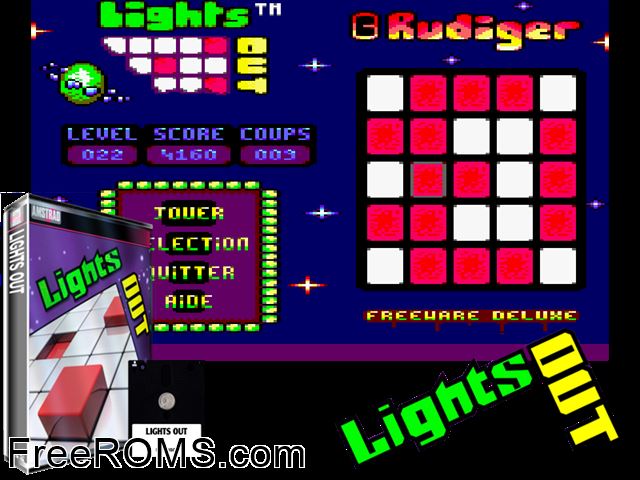 Lights Out (F) (1997) (PD) Amstrad CPC game showing 3D box cover and gameplay screenshot