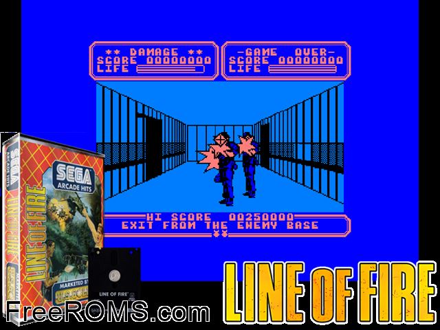 Line of Fire (UK) (1990) Amstrad CPC game showing 3D box cover and gameplay screenshot