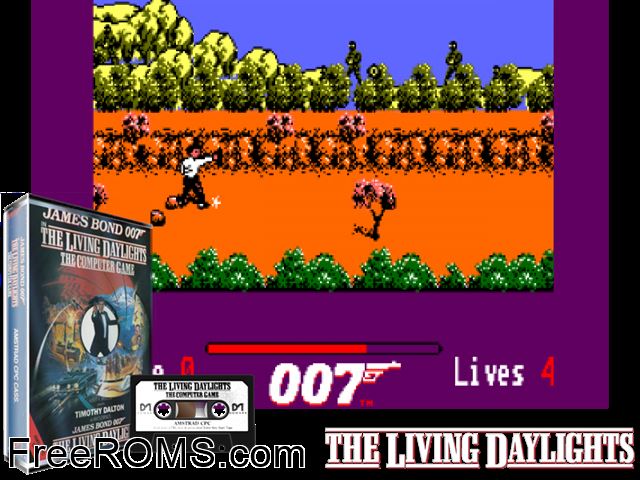 Living Daylights, The (UK) (1987) Amstrad CPC game showing 3D box cover and gameplay screenshot