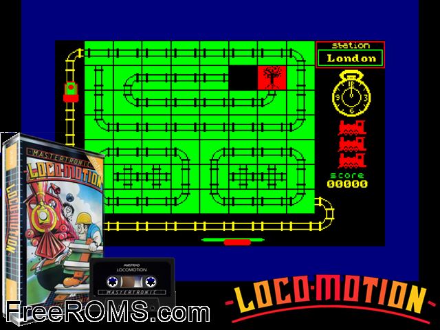 Locomotion (UK) (1985) Amstrad CPC game showing 3D box cover and gameplay screenshot