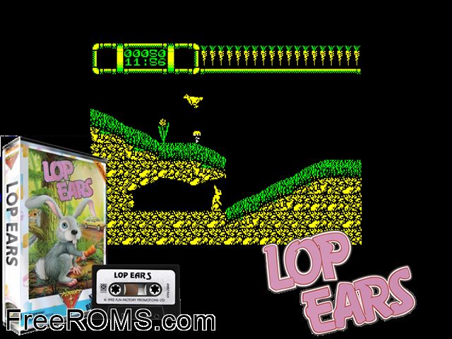 Lop Ears (UK) (1991) Amstrad CPC game showing 3D box cover and gameplay screenshot