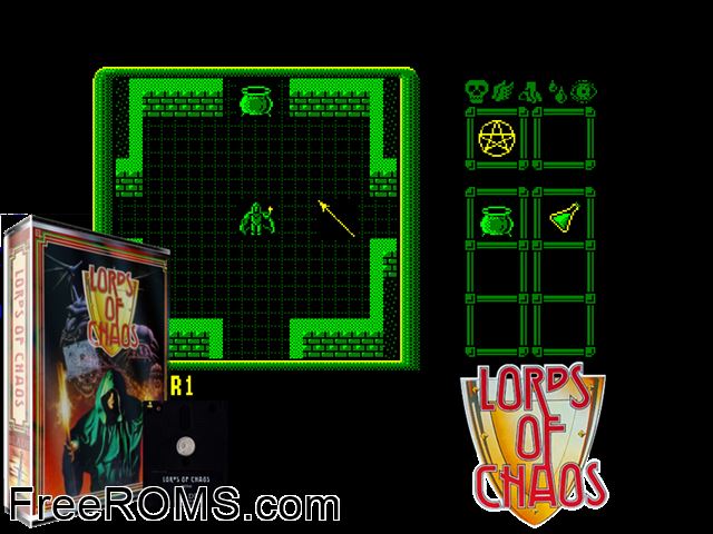 Lords of Chaos (UK,F) (1990) (Disk 2 of 2) Amstrad CPC game showing 3D box cover and gameplay screenshot