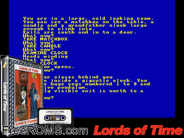 Lords of Time (UK) (1986) Amstrad CPC game showing 3D box cover and gameplay screenshot