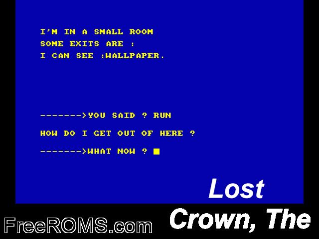 Lost Crown, The (UK) (1985) Amstrad CPC game showing 3D box cover and gameplay screenshot