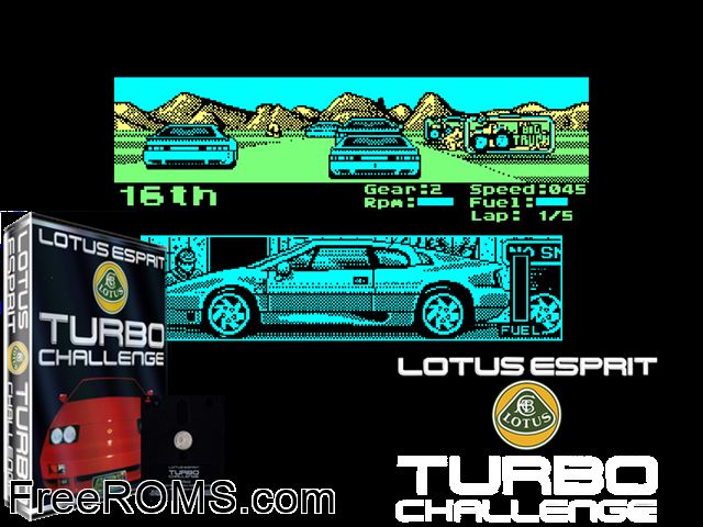 Lotus Esprit Turbo Challenge (UK) (1990) Amstrad CPC game showing 3D box cover and gameplay screenshot