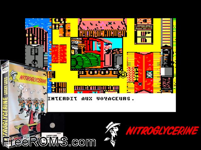 Lucky Luke - Nitroglycerine (F) (1987) (Disk 2 of 2) Amstrad CPC game showing 3D box cover and gameplay screenshot