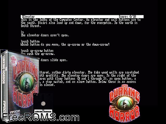 Lurking Horror, The (UK) (1987) Amstrad CPC game showing 3D box cover and gameplay screenshot