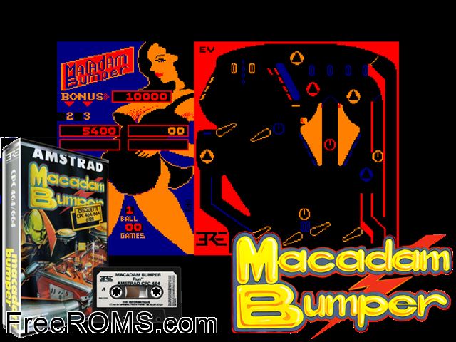 Macadam Bumper (F) (1985) Amstrad CPC game showing 3D box cover and gameplay screenshot