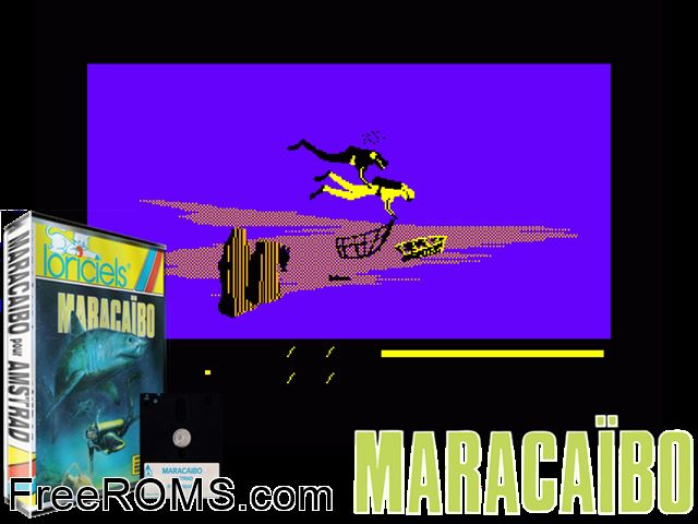 Macaraibo (F) (1986) Amstrad CPC game showing 3D box cover and gameplay screenshot