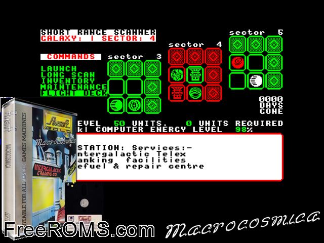 Macrocosmica (UK) (1986) Amstrad CPC game showing 3D box cover and gameplay screenshot