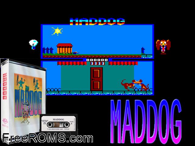Maddog (UK) (1987) Amstrad CPC game showing 3D box cover and gameplay screenshot