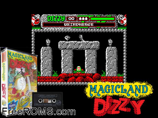 Magicland Dizzy (UK) (1990) Amstrad CPC game showing 3D box cover and gameplay screenshot