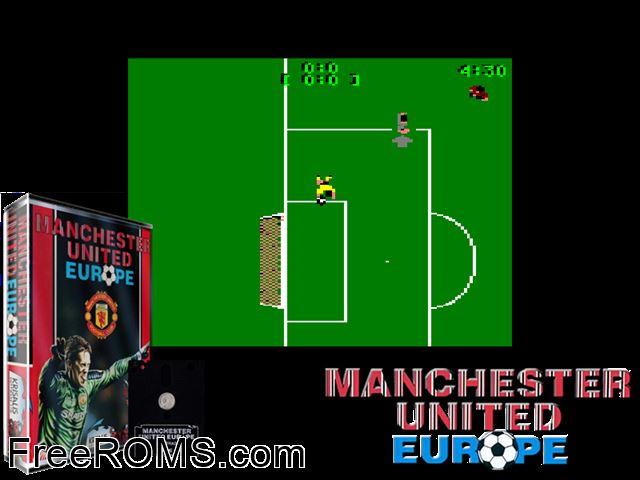 Manchester United In Europe (UK,F,G,S,I) (1991) Amstrad CPC game showing 3D box cover and gameplay screenshot