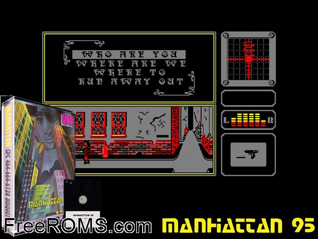 Manhattan 95 (UK) (1986) Amstrad CPC game showing 3D box cover and gameplay screenshot