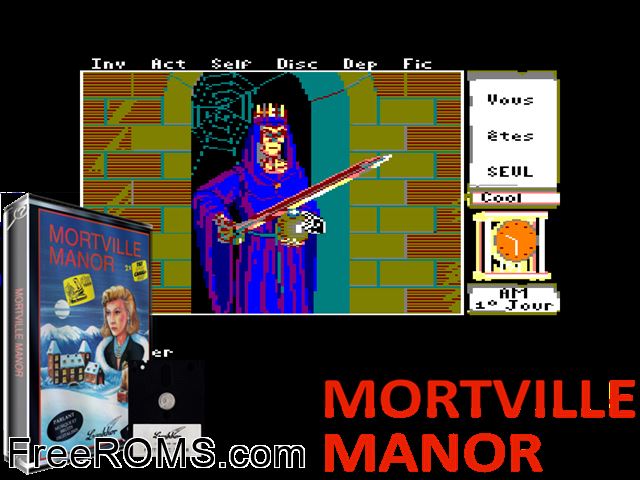 Manoir de Mortevielle, Le (F) (1988) (Disk 2 of 2) Amstrad CPC game showing 3D box cover and gameplay screenshot