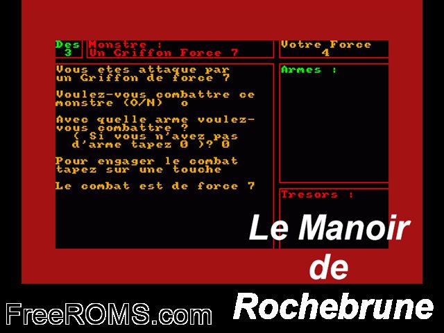 Manoir de Rochebrune (F) (1985) Amstrad CPC game showing 3D box cover and gameplay screenshot