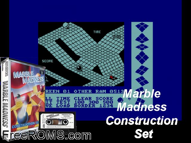 Marble Madness Construction Set (UK) (1986) Amstrad CPC game showing 3D box cover and gameplay screenshot