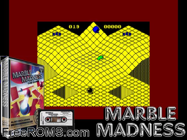Marble Madness Deluxe Edition (UK) (1986) Amstrad CPC game showing 3D box cover and gameplay screenshot