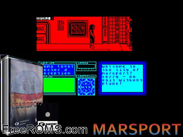 Marsport (UK) (1985) Amstrad CPC game showing 3D box cover and gameplay screenshot
