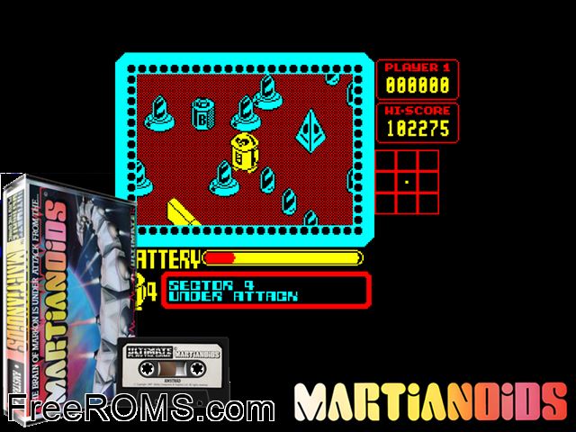 Martianoids (UK) (1987) Amstrad CPC game showing 3D box cover and gameplay screenshot