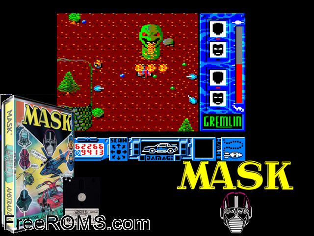Mask (UK) (1987) Amstrad CPC game showing 3D box cover and gameplay screenshot