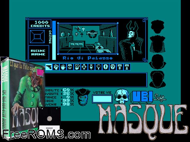 Masque (F) (1986) (Disk 2 of 2) Amstrad CPC game showing 3D box cover and gameplay screenshot