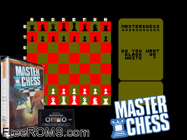 Master Chess (UK) (1984) [h1] Amstrad CPC game showing 3D box cover and gameplay screenshot