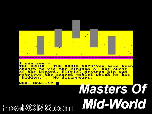 Masters of Mid-World (UK) (19xx) Amstrad CPC game showing 3D box cover and gameplay screenshot