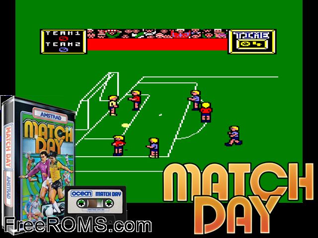 Matchday (UK) (1985) Amstrad CPC game showing 3D box cover and gameplay screenshot