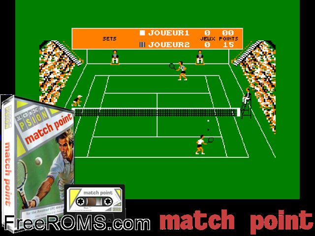 Match Point - Balle de Match (UK) (1986) Amstrad CPC game showing 3D box cover and gameplay screenshot