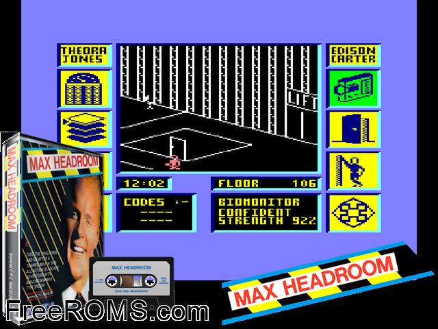 Max Headroom (UK) (1986) Amstrad CPC game showing 3D box cover and gameplay screenshot