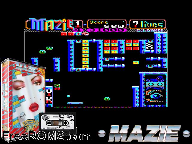 Mazie (UK) (1988) Amstrad CPC game showing 3D box cover and gameplay screenshot