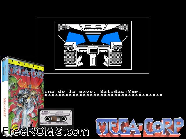 Megacorp (S) (1987) Amstrad CPC game showing 3D box cover and gameplay screenshot