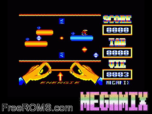 Megamix (F) (1992) Amstrad CPC game showing 3D box cover and gameplay screenshot