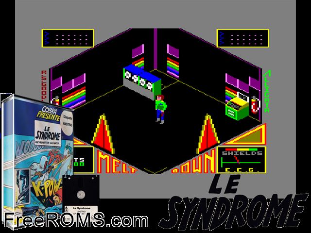 Meltdown - Le Syndrome (F) (1986) Amstrad CPC game showing 3D box cover and gameplay screenshot