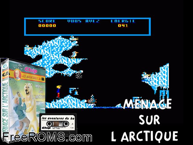 Menace Sur L'artique (F) (1987) Amstrad CPC game showing 3D box cover and gameplay screenshot