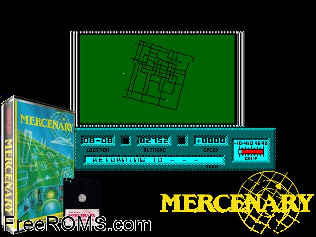 Mercenary 1 and 2 (UK) (1987) Amstrad CPC game showing 3D box cover and gameplay screenshot