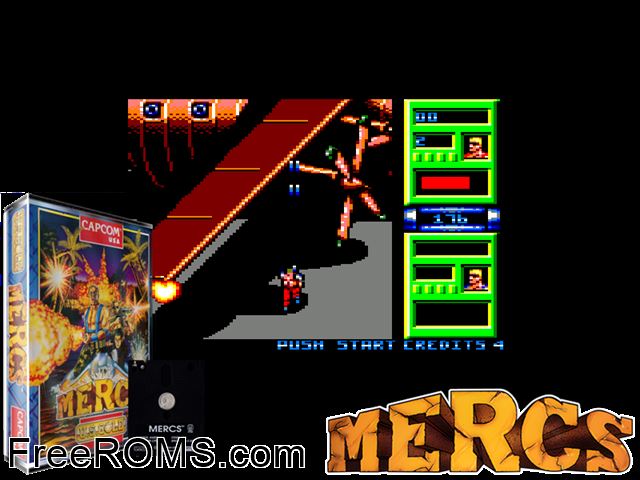 Mercs (UK) (1991) Amstrad CPC game showing 3D box cover and gameplay screenshot