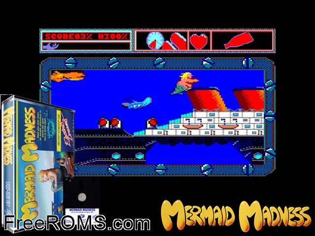 Mermaid Madness (UK) (1986) Amstrad CPC game showing 3D box cover and gameplay screenshot