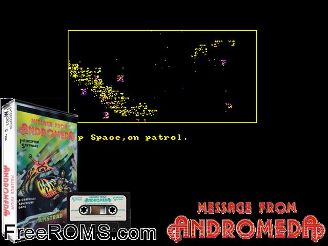Message From Andromeda (UK) (1985) Amstrad CPC game showing 3D box cover and gameplay screenshot