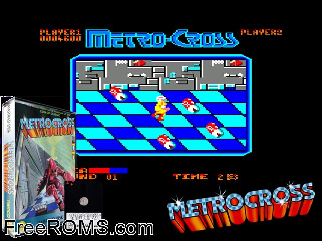 Metro Cross (UK) (1987) Amstrad CPC game showing 3D box cover and gameplay screenshot